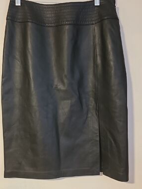 Apostrophe Black Leather Pencil Skirt with Textured Waistband Detail